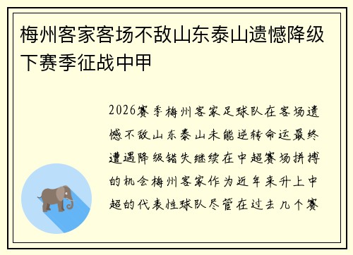 梅州客家客场不敌山东泰山遗憾降级下赛季征战中甲